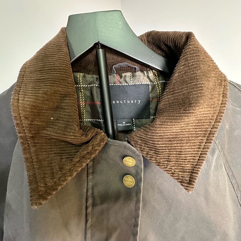 Sanctuary Black Waxed Jacket Size M NWT Corduroy Collar Plaid Lined Barn Coat - Picture 3 of 8